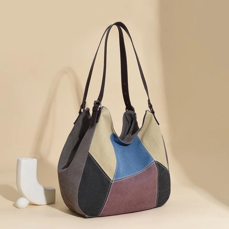 Casual Patchwork Canvas Saddle Shoulder Bags with Large Capacity High Quality Designer Style