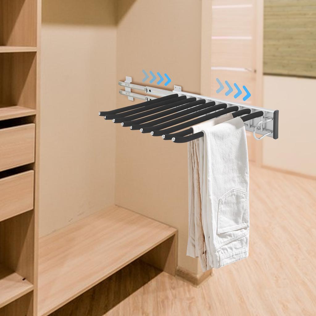 9-Rod Pull-Out Pants Rack – Heavy Duty Slide-Out Trouser Organizer with Silent Rails & Anti-Slip Flocking – Black/Silver
