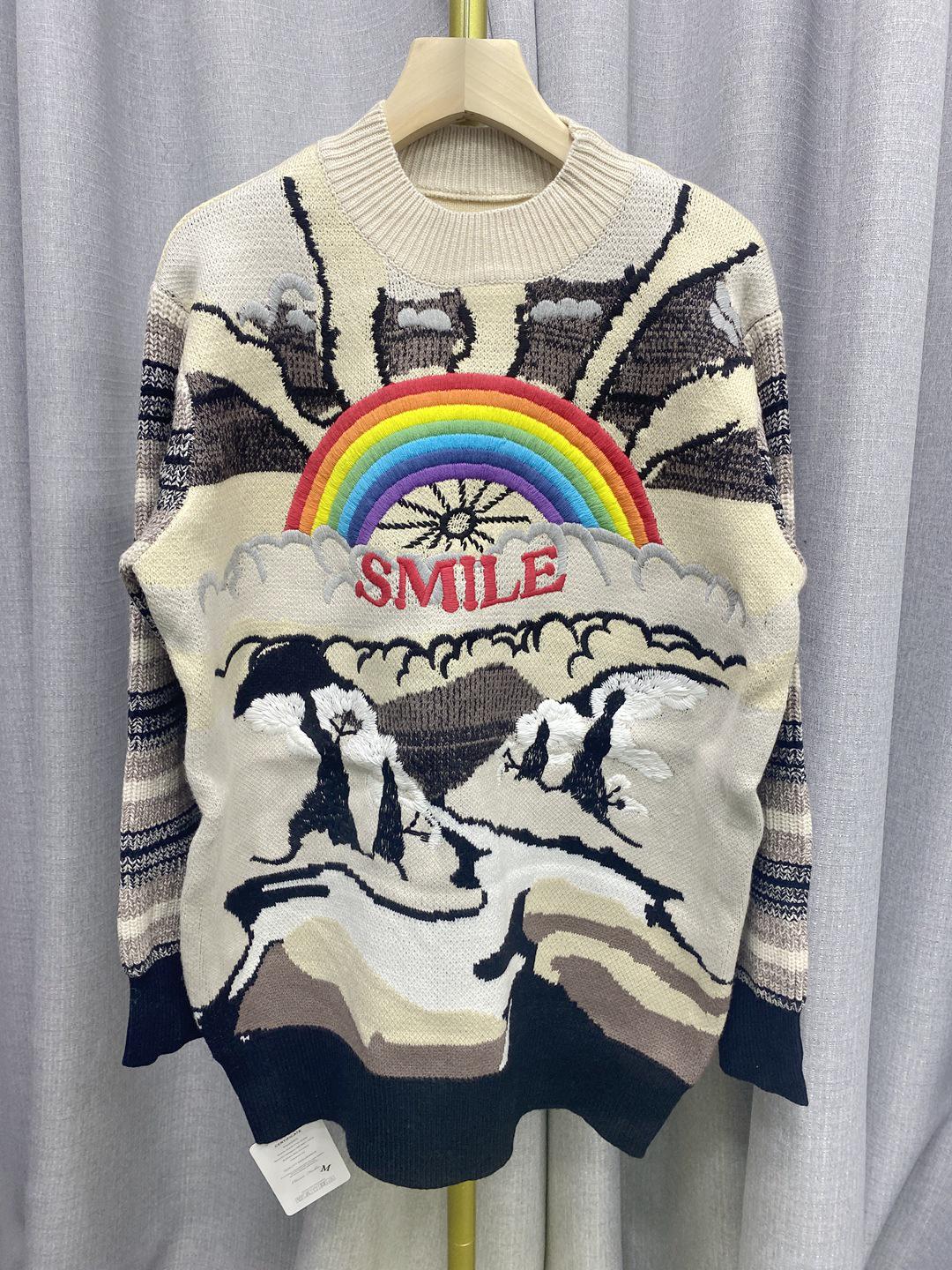 

Rainbow Embroidered Autumn/Winter Black & Gray Pullover - High-End Round Neck Long-Sleeve Sweater. Extra Large