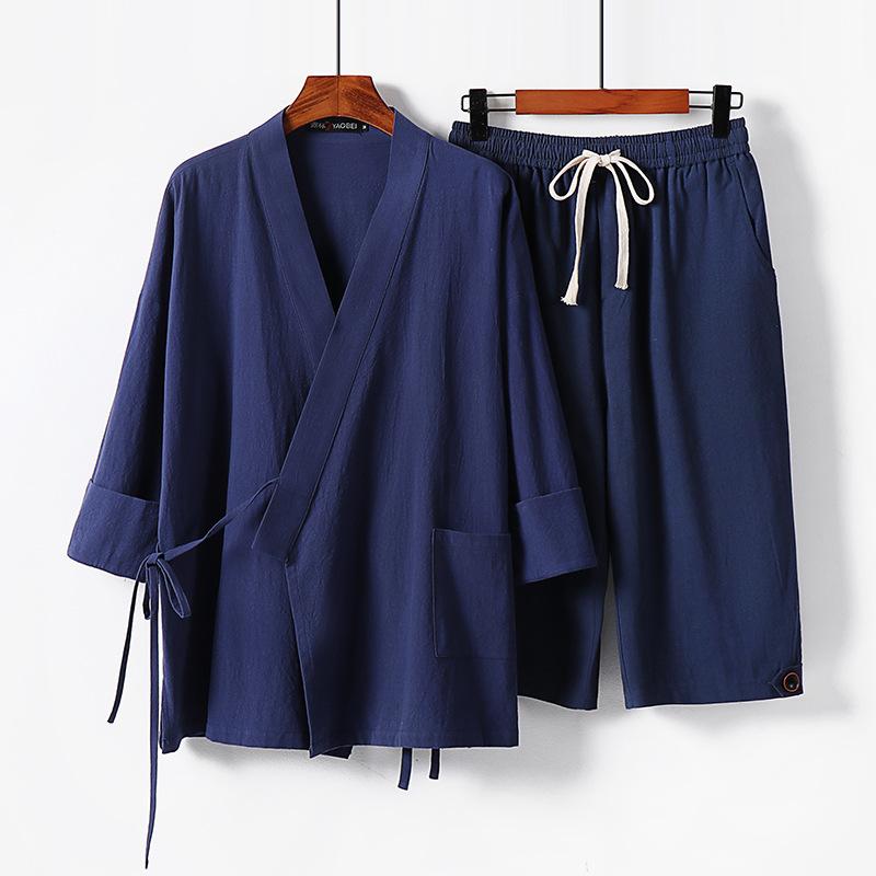 9XL Cotton and Linen Ice Silk Suit Men's Summer Loose Large Size Casual Sports Linen Three-quarter Sleeve Shirt Three-quarter Pants Two-piece Suit