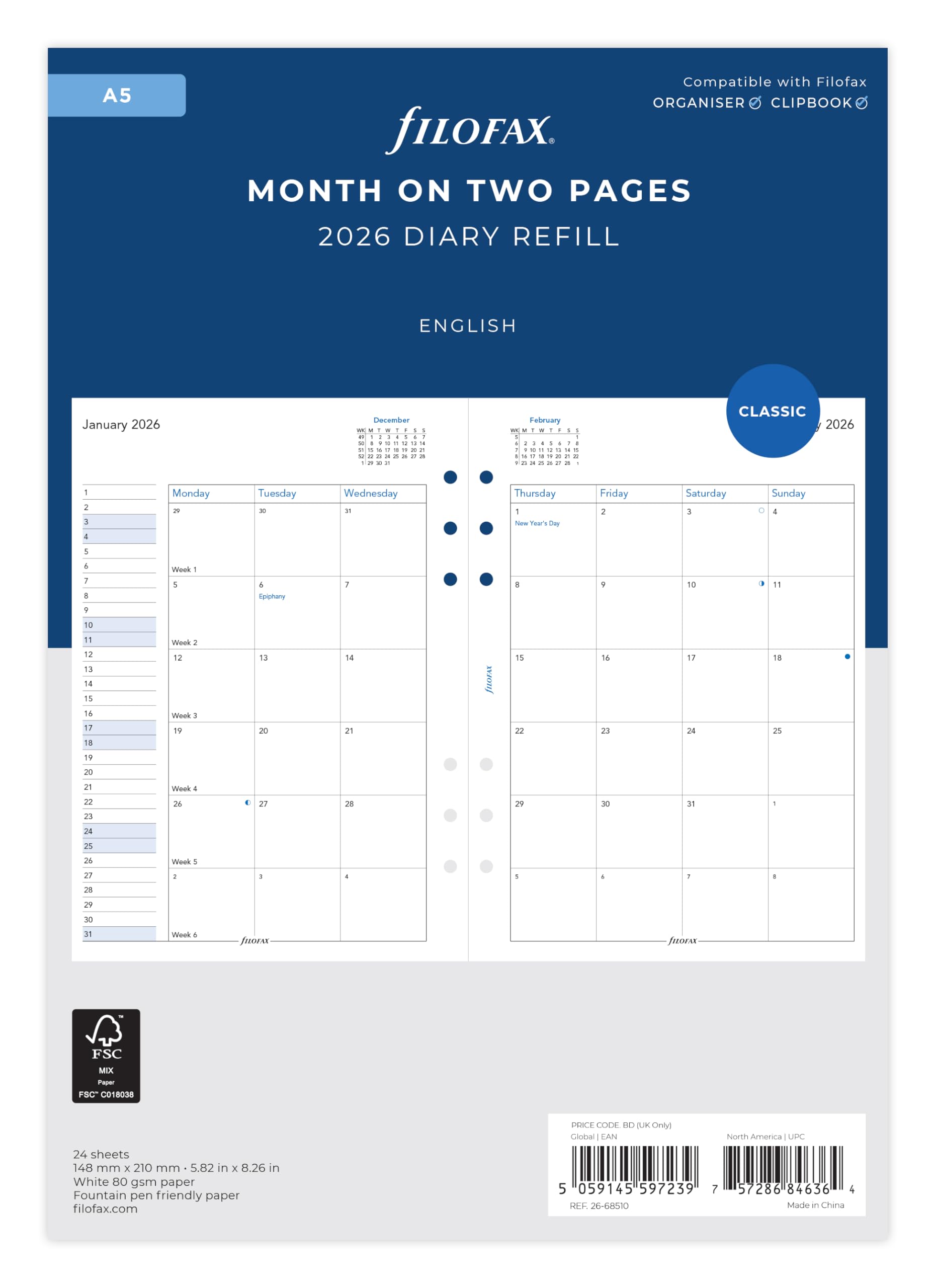 

Filofax 2026 Сменный блок для системы планирования, A5, Месячный, Белый, Начало с января, 26-68510, Официально импортировано