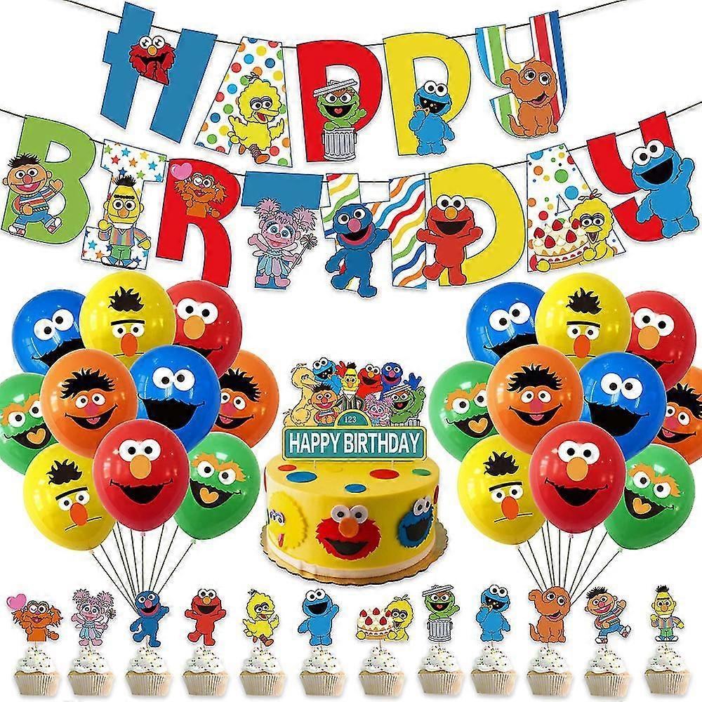 Sesame Street Themed Birthday Party Decorations Paper Banner Pull Flag Cake Insert Card Balloon Set