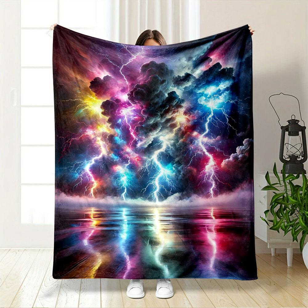 Vivid Lightning Bolts Illuminate Colorful Clouds with Reflections In Water. for All Seasons Blanket Lunch Break Throw Gift