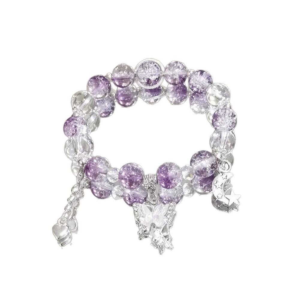 Sweet Purple Crystal Butterfly Bracelet for Women Simple Heart Moon Star Charm Bracelet Popular Fashion Jewelry Holiday Gift