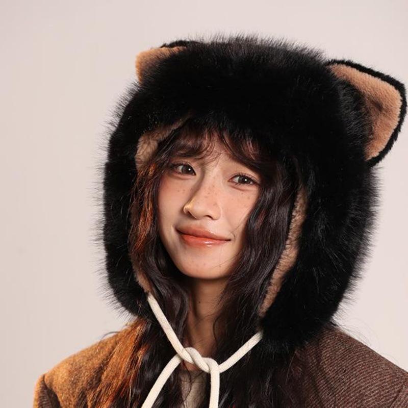Women's Winter Fleece-Lined Cat Plush Hat for Outdoor & Cycling