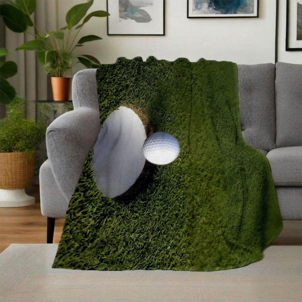 Golf Ball in Hole on Green Grass - Sports Photography PrintBlanket Flannel Throw Blanket for Sofa, Bed, Travel, Camping, Office, Couch, Chai