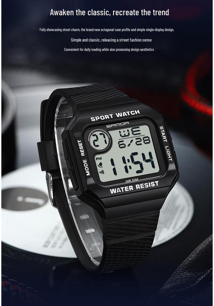 Sanda Retro Square Sporty Multifunction Waterproof Youth Electronic Watch