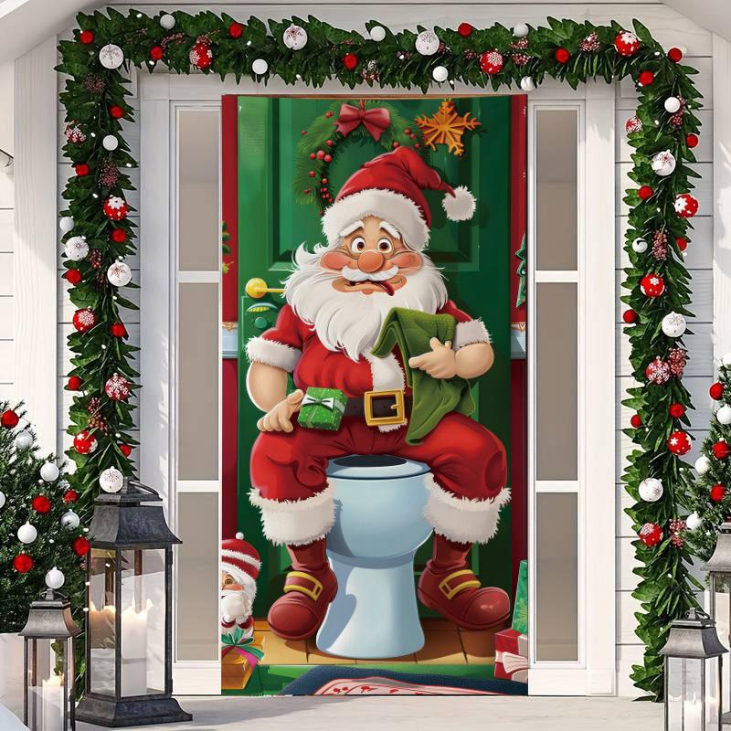 1 ks Veselé Vánoce Kryt na dveře Banner Polyester Vzor Santa Clause pro Štědrý večer Novoroční sváteční párty Vchodové dveře Domácí nástěnná dekorace
