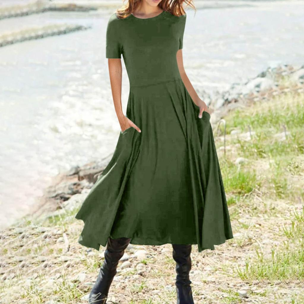 Women's Fashion Summer Color Short Sleeve Pocket Pullover Dress