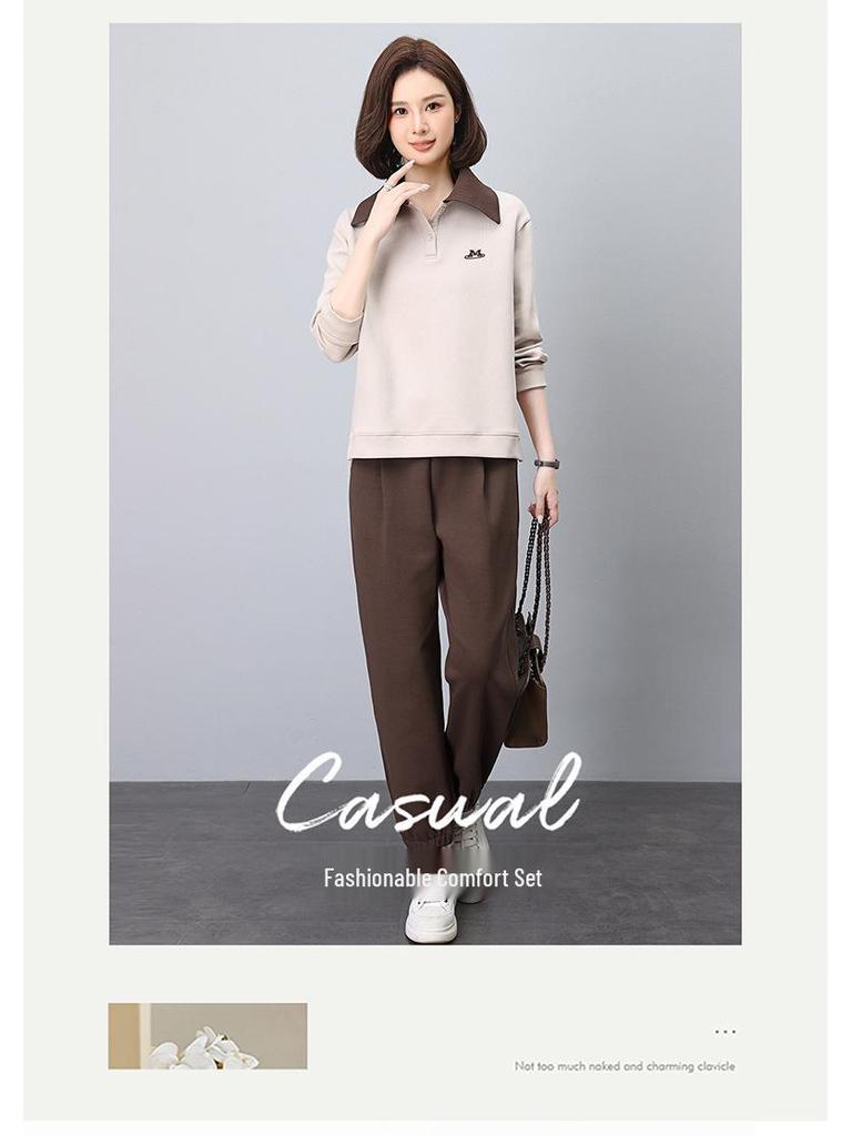 Autumn Women's Casual Sportswear Set: Wide-Leg Pants & Lapel Sweatshirt