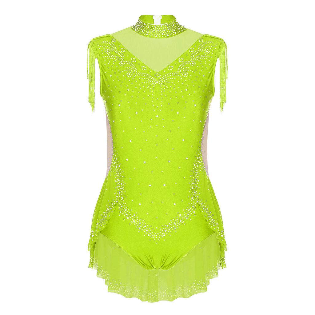 Mädchen Glitzernde Strasssteine Tanz-Body Stehkragen Ärmellos Unsichtbarer Reißverschluss hinten Durchsichtiges Mesh Patchwork Einteiler