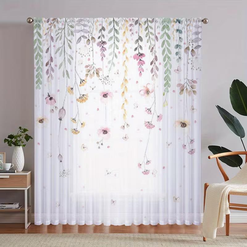2 Pezzi Tenda Trasparente Floreale Pastello ad Acquerello - Tenda Romantica Botanica per Finestra per Camera da Letto