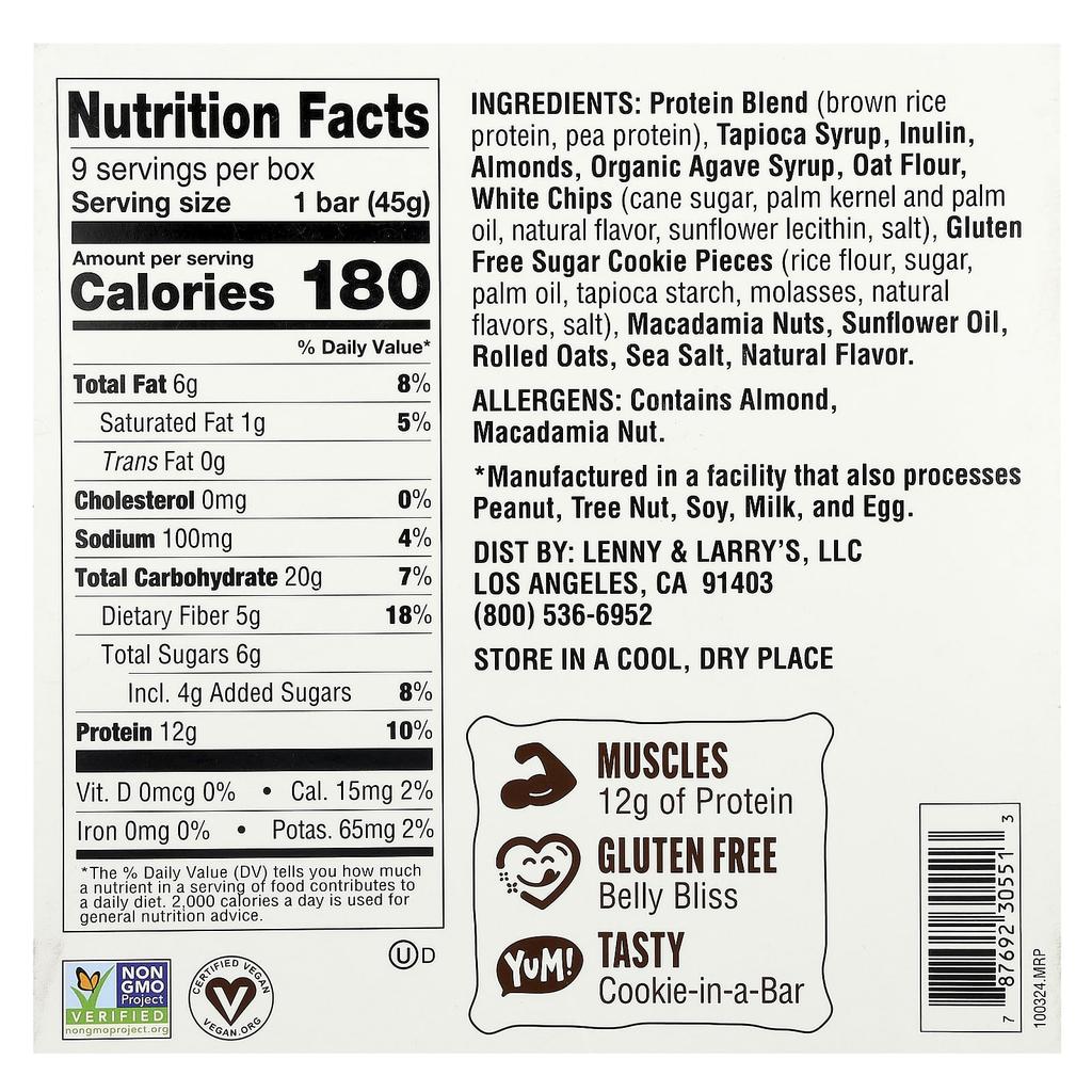 Lenny & Larry's Cookie-Fied® Bars, White Chip Macadamia, 9 Bars, 45g (1.59oz) Each