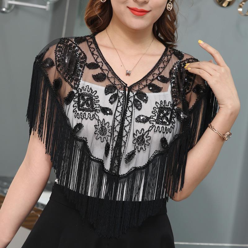 Tassel Patchwork V-Neck Cardigans Women Vintage Shawl Party Dinner Top Scarf Shawls Mesh Beaded Cloak Sequins Capelet Fringes