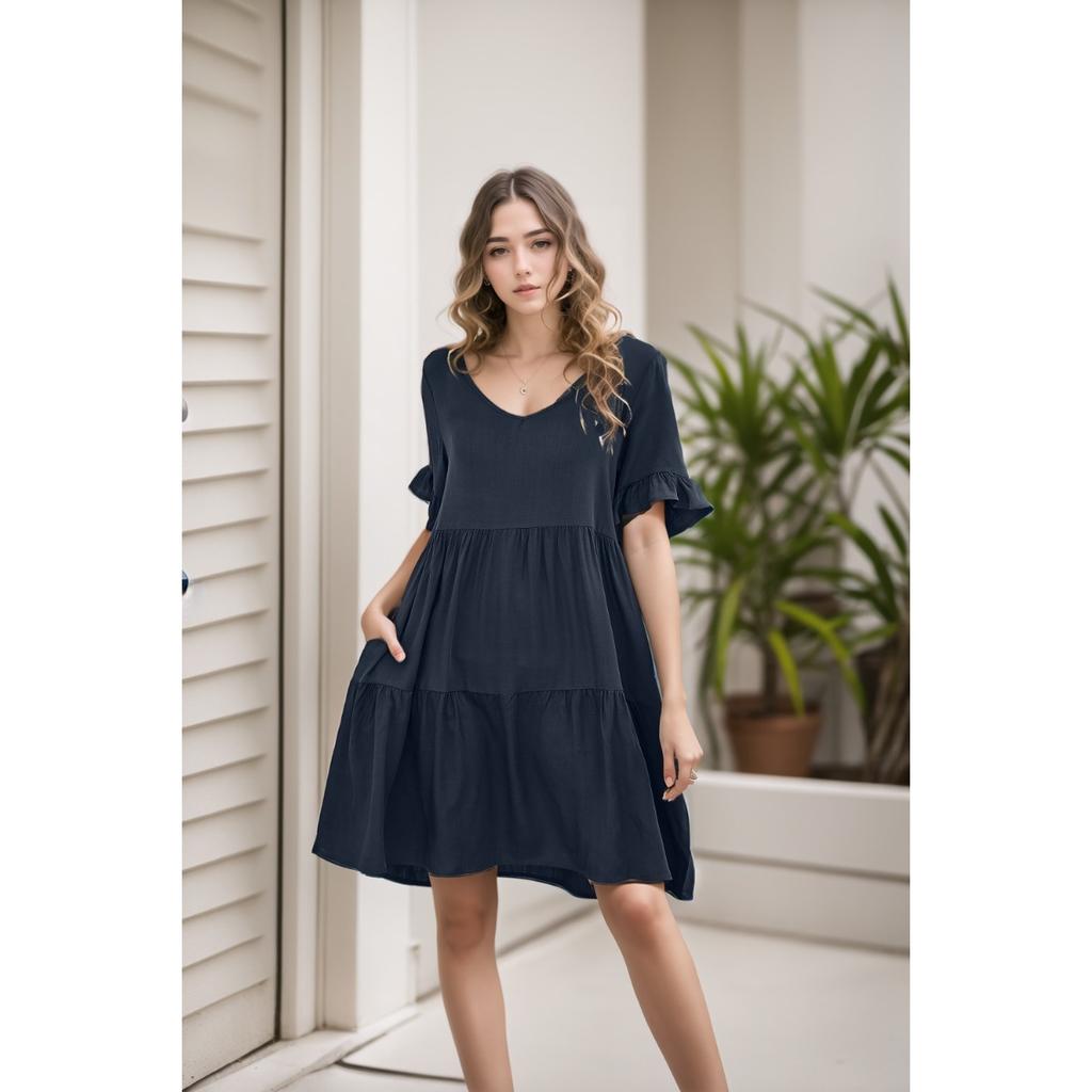 Summer Women's Casual V-Neck Ruffled Babydoll Dress, European American Style Fashion Ladies Dress