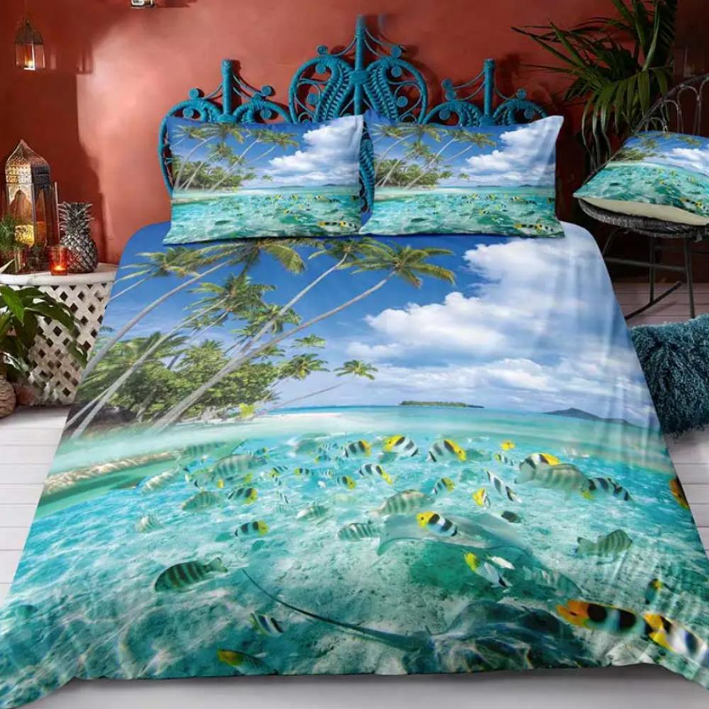 Queen Ocean Bedding Set Summer Beach Duvet Cover Set Hawaiian Palm Trees Marine Life Sea Waves Fish Printed Comforter Cover Set