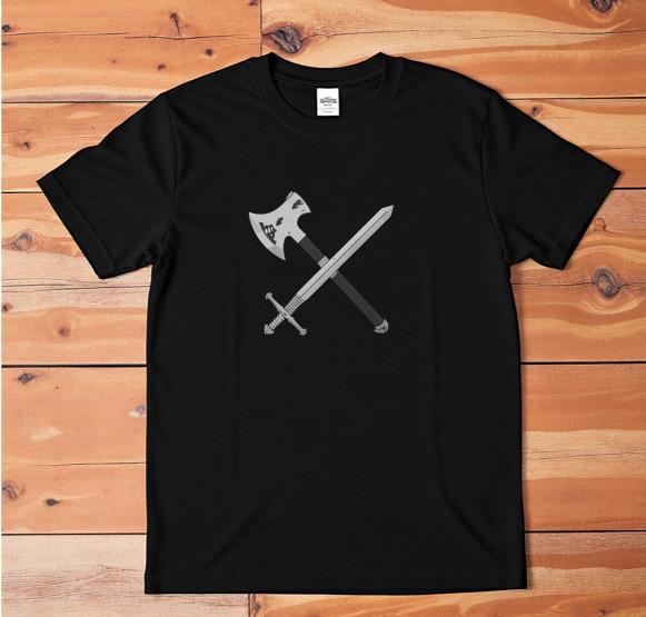 Medieval Sword and Axe T-Shirt | Warrior Weapons Graphic Tee | Viking Knight Shi M