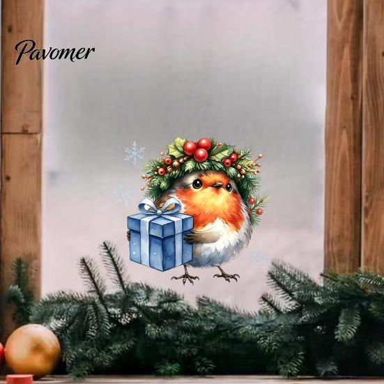 Glass Door Decorative Scenes Christmas Bird Static Window Sticker, Cute Watercolor Stickers with Wreath And Gift Box, PVC Festival Atmosphere