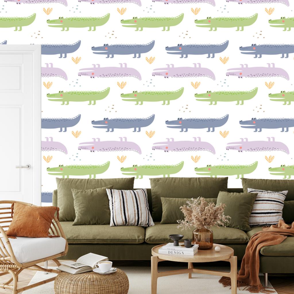 Pastel Crocodiles and Plants Wallpaper for Living Room and Bedroom 50x1000