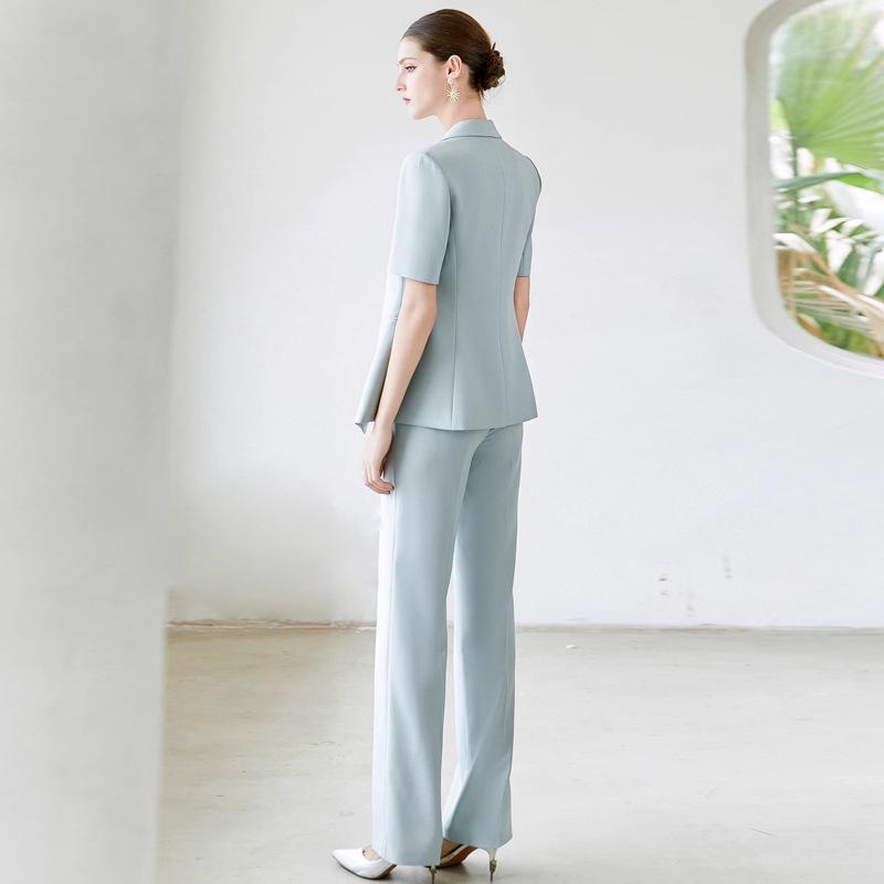 Set Costum Profesional de Vară Albastru Ușor Stil Chinezesc: Costum Pantaloni Formale de Lucru Prietenos cu Pielea