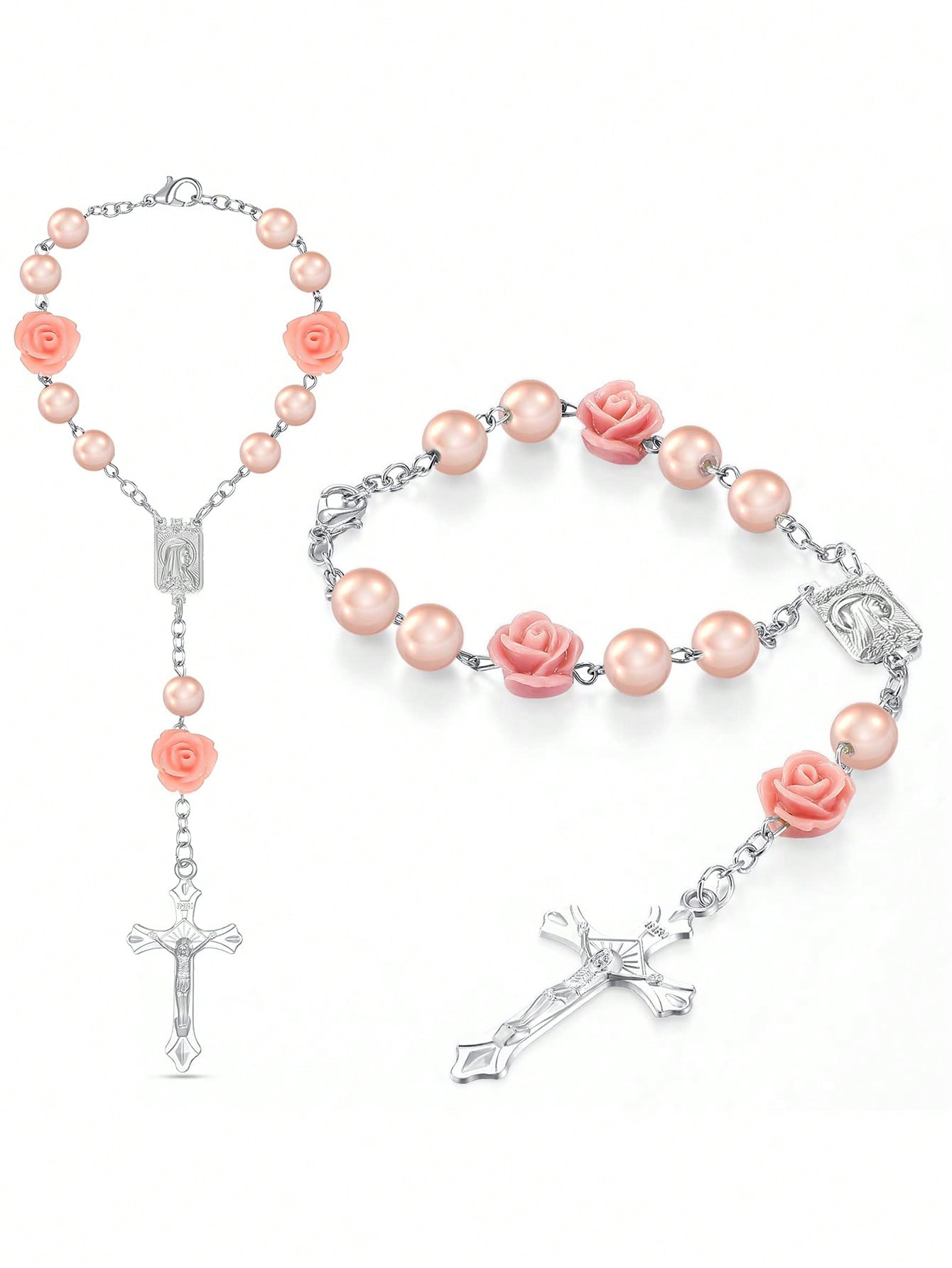 

1Pc Rose Cross Car Hanging Ornament Beaded Rosary Rearview Mirror Pendant For Women
