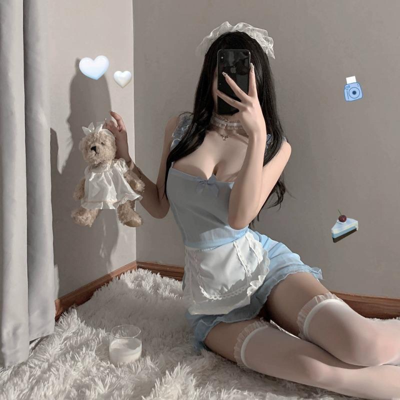 Ladies' Sexy Lingerie Sexy and Stimulating Hollowed Out Perspective No Take Off Cute Maid Uniform Role-playing Suspender Dress