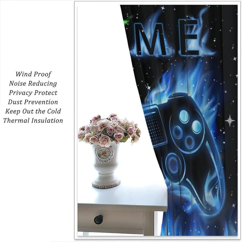 Cool Game Curtains For Boys Bedroom, Green Blue Flame Video Game Graffiti Game Controller Outer Space Stars Print Window Drapes