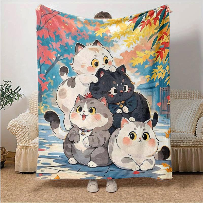 1pc Four Cute Lucky Cats Cartoon Blanket Seasonal Home Decor Gift for Fans, Soft for Couch, Living Room, Travel, Camping