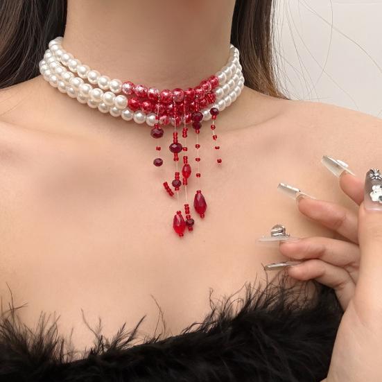 Gothic Necklace Blood Drop Charms Necklace Faux Pearl 3 Layer Chocker Necklace with Beaded Tassel for Halloween Horror Themed Parties Role-Playing