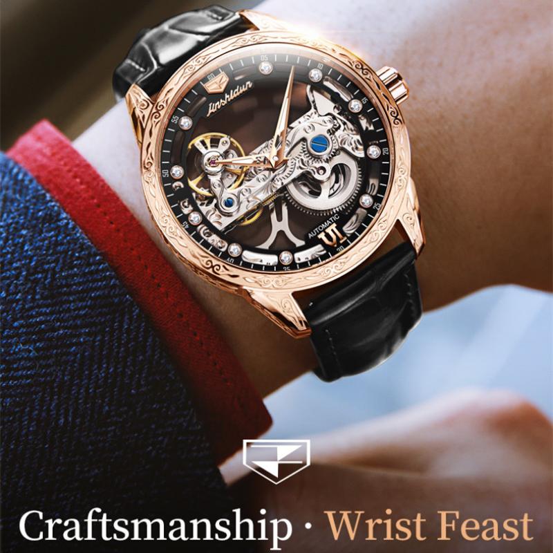 JINSHIDUN New Business and Leisure Men's Watch Fully Automatic Mechanical Watch Perspective Hollow Dial High-end Watch