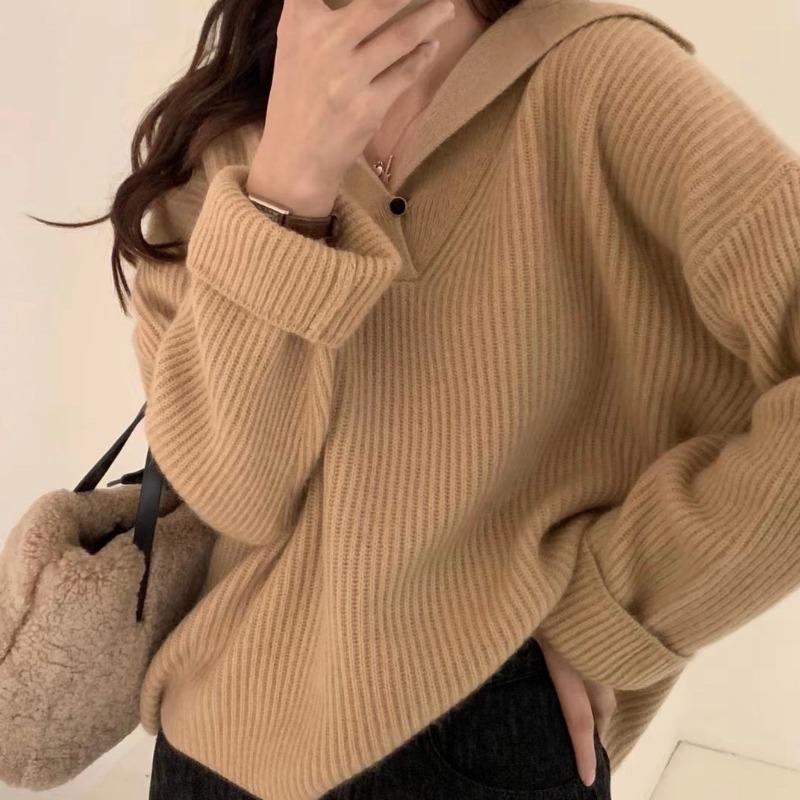 

EBAIHUI Женский однотонный вязаный свитер с V-образным вырезом в стиле ретро, удобный пуловер, осенне-зимний японский свободный топ One Size