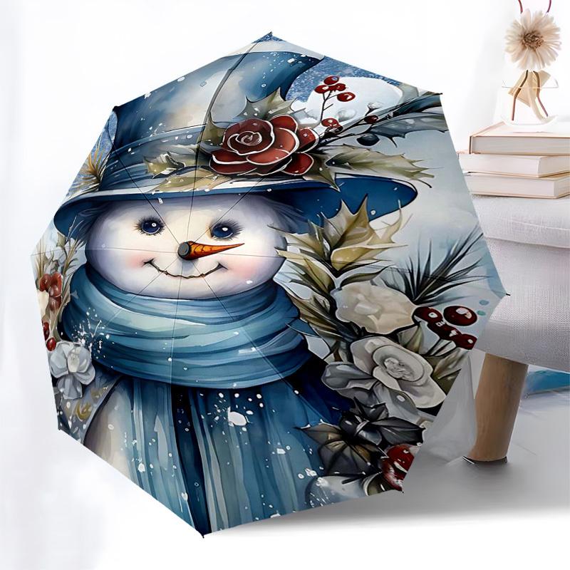 

1pc Winter Wonderland Snowman with Red Rose & Holly Automatic Opening Umbrella with Foldable Design, 8-Iron Frame, Perfect for Outdoor Use, Festive Gi