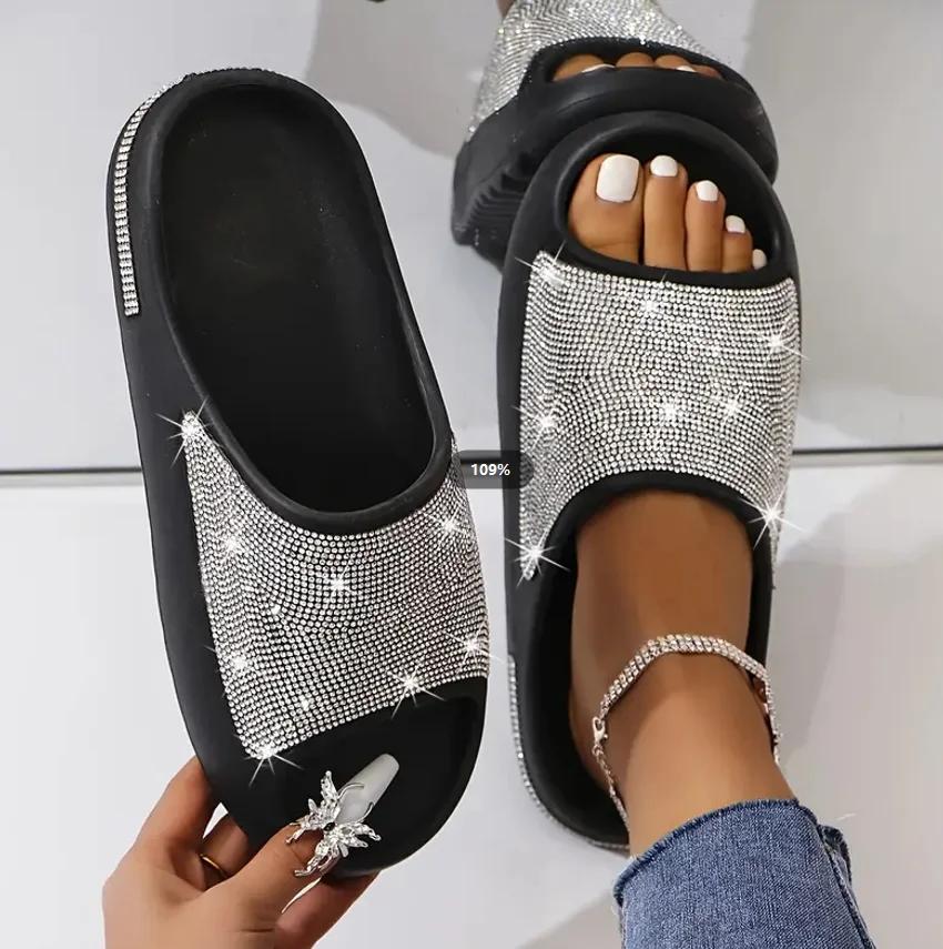 Fashion 2025 Women's/men New Luxury Women's Shoes with Diamond Face, Thin Flash Thick Bottom Slippers Sandals Outdoor Beach Slippers