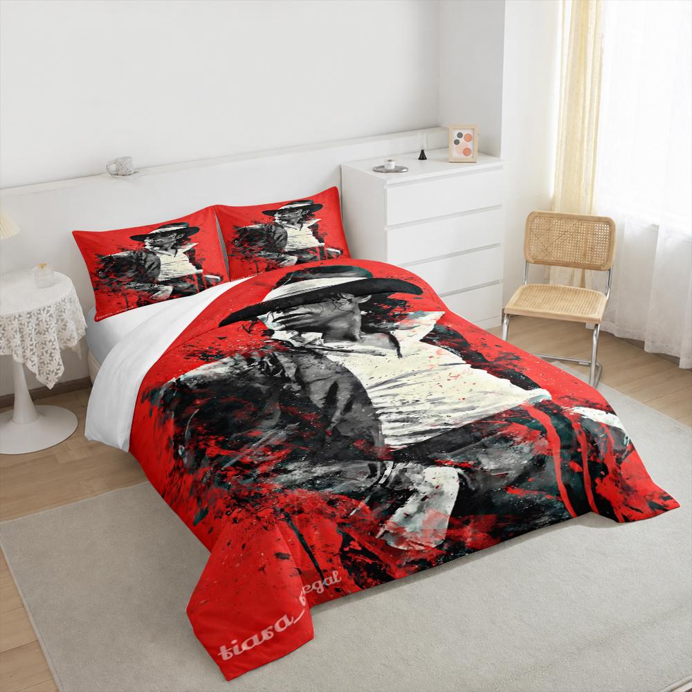 "Abstract Black-Hat Figure on Red Background Bedding set (1 duvet cover, 2 pillowcases, duvet not included)