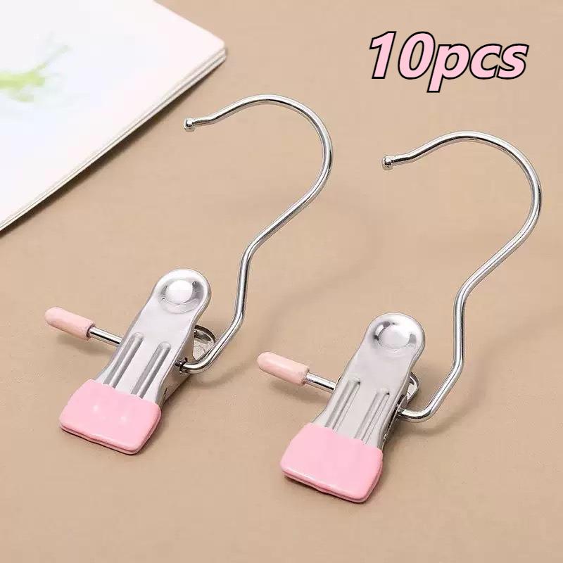 5/10pcs Pink Dip Plastic Non-Slip Hanger Clips, Metal Clothes Pegs with S Hooks for Pants Skirt Storage