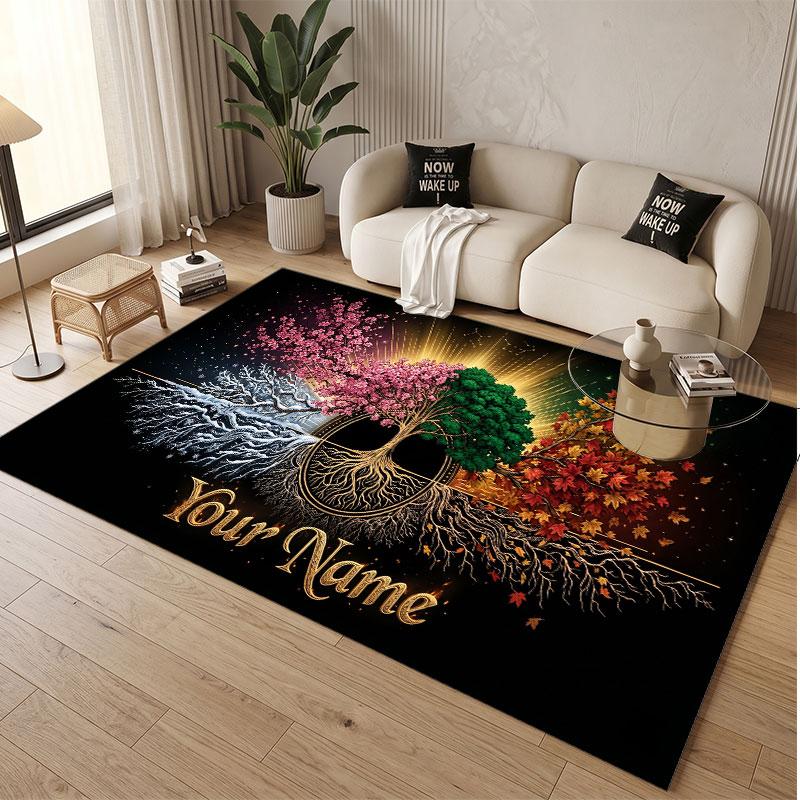 Tree of Life Theme Soft Crystal Velvet Rug Custom Name & Text Print Non Slip Floor Rug for Bedroom Living Room