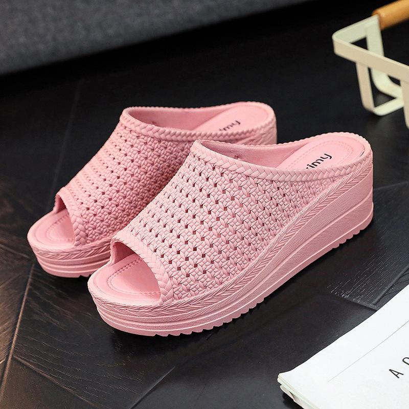 Cool Slippers Women Summer Slope Heel Thick Sole Wear Beach Shoes, Mesh Hollow Slippers Foreign Trade Wholesale