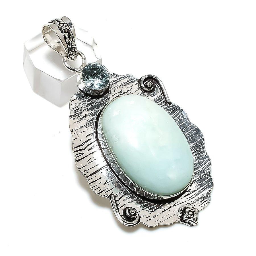 Amazonite Gemstone Handmade 925 Sterling Silver Jewelry Pendant 2.76" H8y24