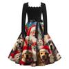 Women's Fashion Retro Long-sleeved Square Collar Christmas Printed Evening Dress