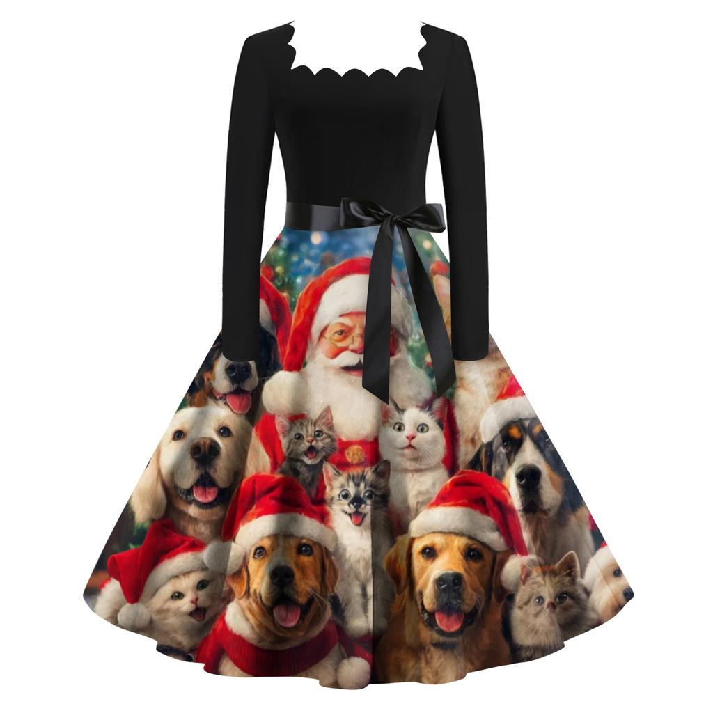 Women's Fashion Retro Long-sleeved Square Collar Christmas Printed Evening Dress