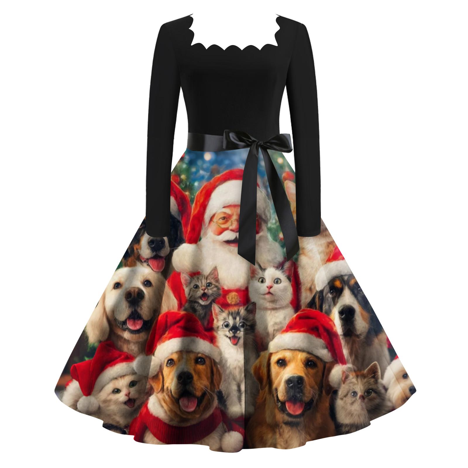 

Women s Fashion Retro Long-sleeved Square Collar Christmas Printed Evening Dress XXXXL винный