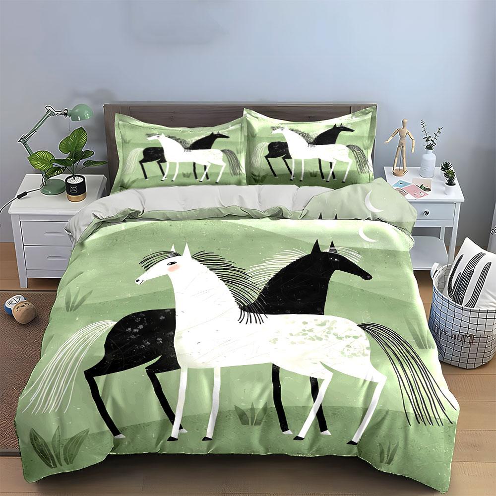 Black and White Horses Design Bedding Duvet Cover Set Duvet Cover Pillowcases (1*Duvet Cover 2*Pillowcases, Without Duvet Insert)