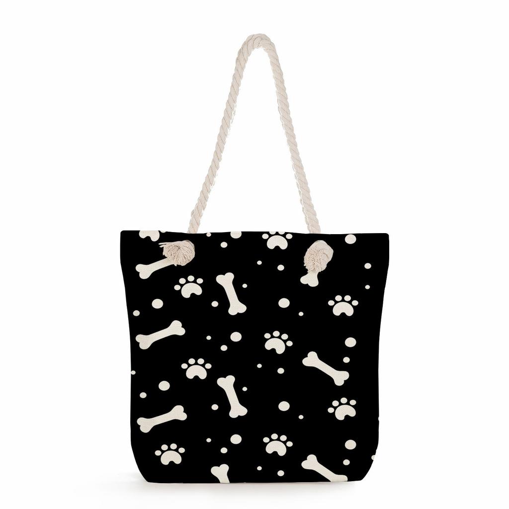 Multifunctional Dog Paws Printed Thick Rope Shoulder Beach Bag Casual Large Capacity Handbag 7601