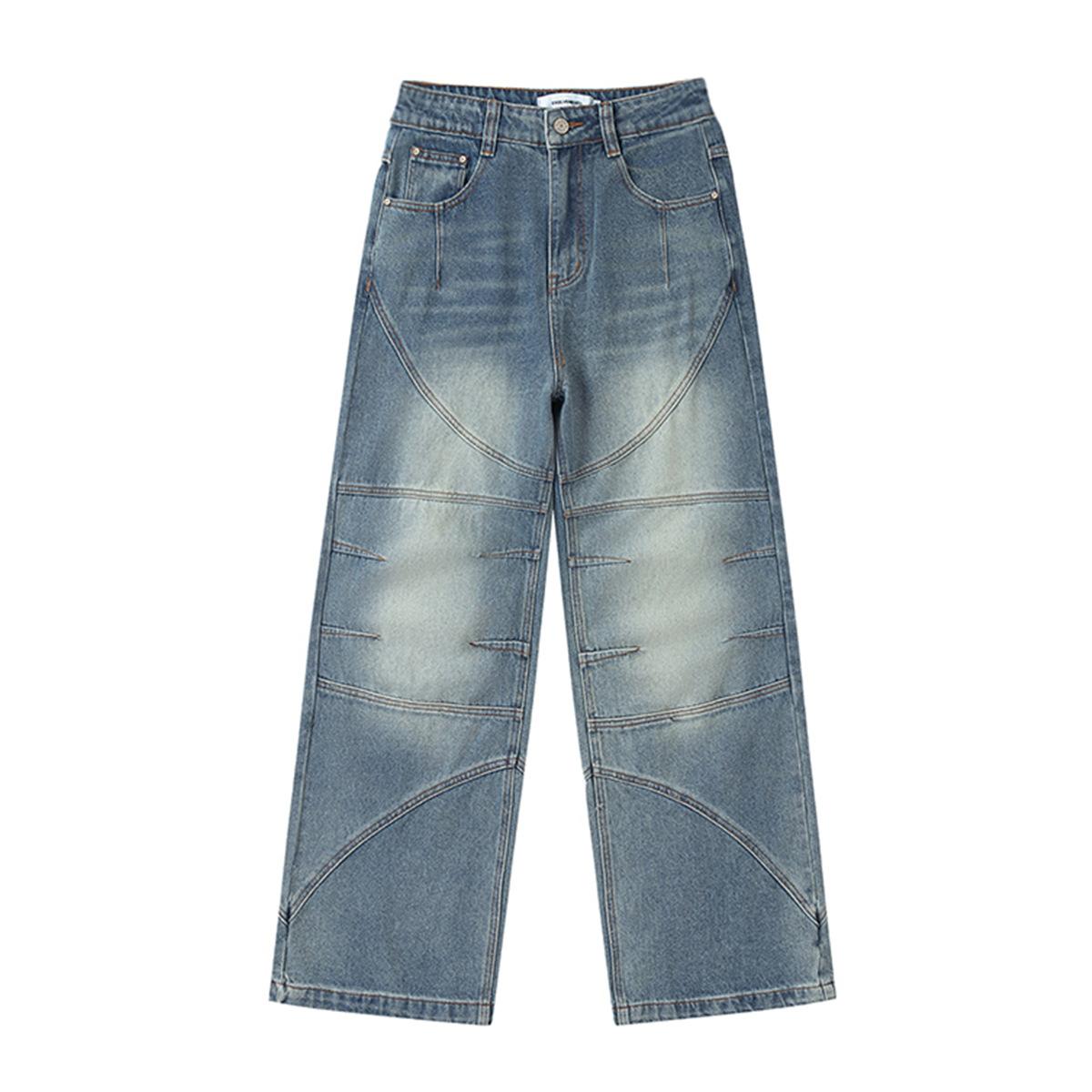 Men s American retro washed jeans men s split design loose wide-leg pants XS чёрный