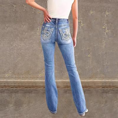 New Style of Back-pocket Embroidered Jeans with Double Buttons for Slimming and Elastic Denim Trousers for Women
