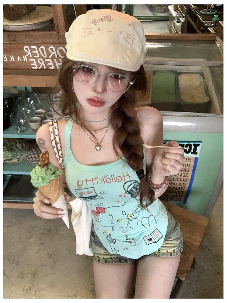 

Летний мультяшный топ-майка на тонких бретелях с граффити для женщин One Size (40-62.5 kg) зелёный