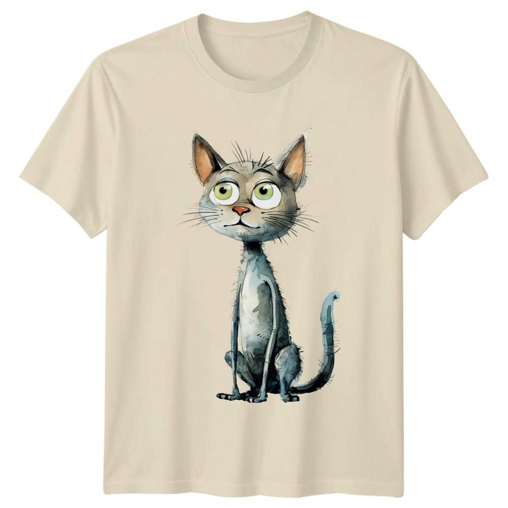 Funny Whimsical Grey Cat Illustration TShirt Art Gift For Him And Her