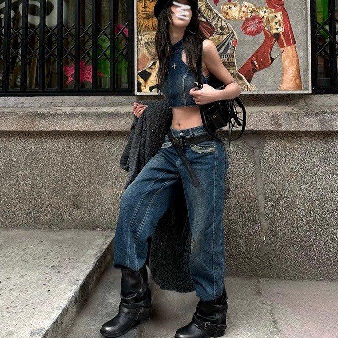 Western cowboy boots women's 2025 summer new pleated pile black round head retro leather thick heel knight boots women