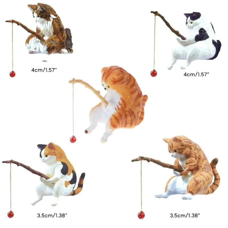 Cute Fishing Cat Fishbowl Fishing Figure Fisherman Figurine Cat Fishing Rod Seals Figures Cat Decoration Interior Accessories