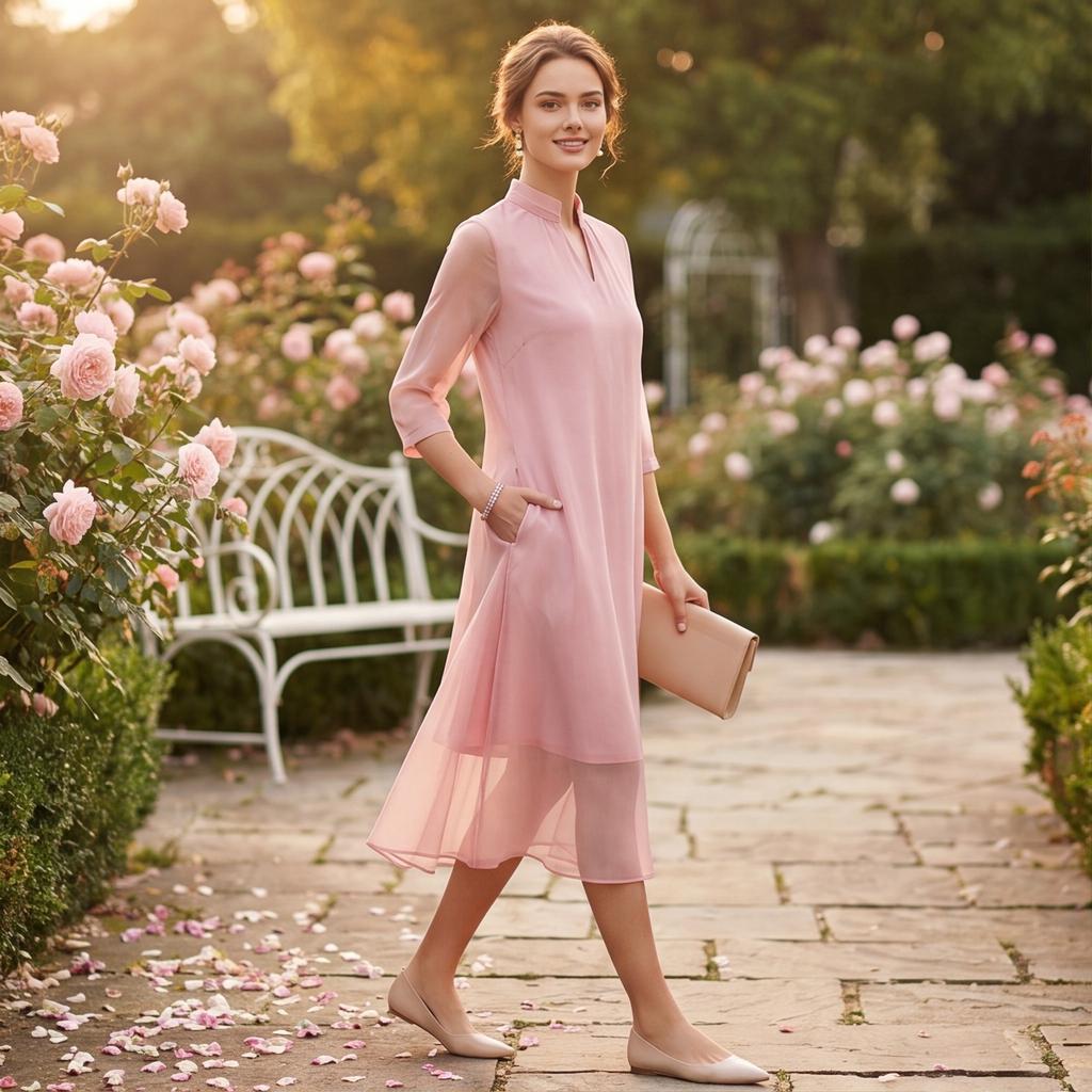 Women's Fashion Elegant Chiffon Dress with Inner Lining Flowy Midi Length Half Sleeve Casual Office Wear